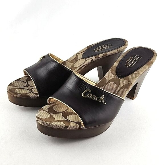Coach Kathie Slides Dark Brown Leather Signature Log Mid Heel Size 8.5B - Picture 3 of 16